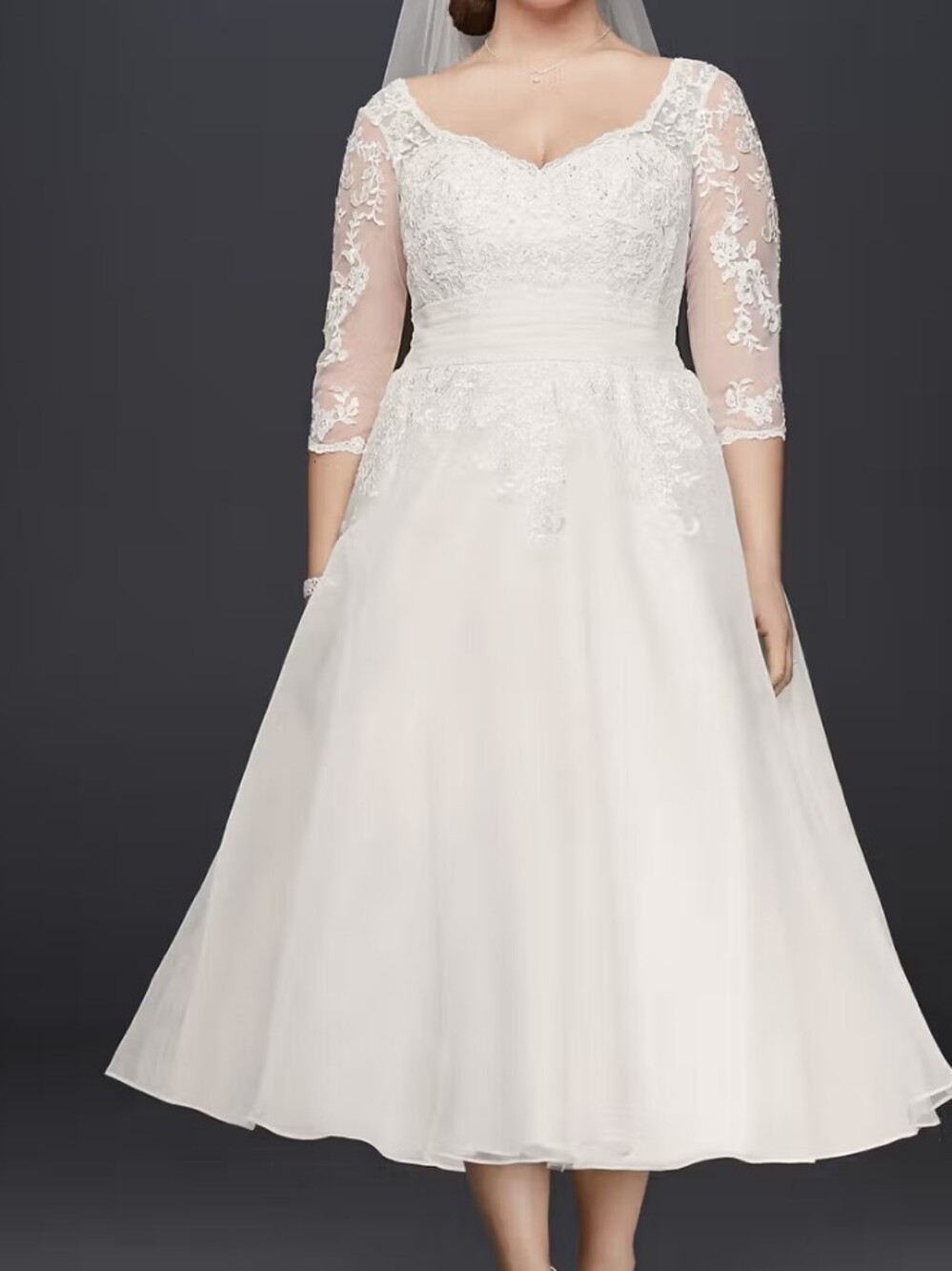 David's Bridal Ivory Lace A-Line Wedding Dress with Three-Quarter Sleeves